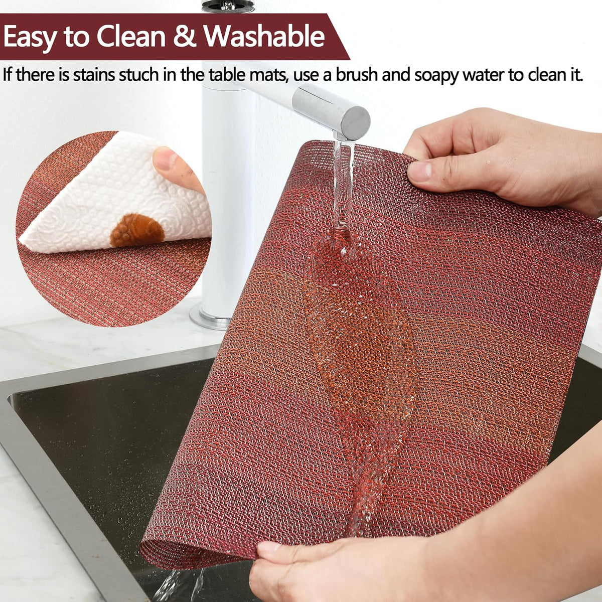 Placemats Set of 6 - Easy Clean Washable Vinyl Placemats - Wipeable Heat Resistant Table Mats for Dining Table - 17.7x11.8 Inch (6, Red Gradient)