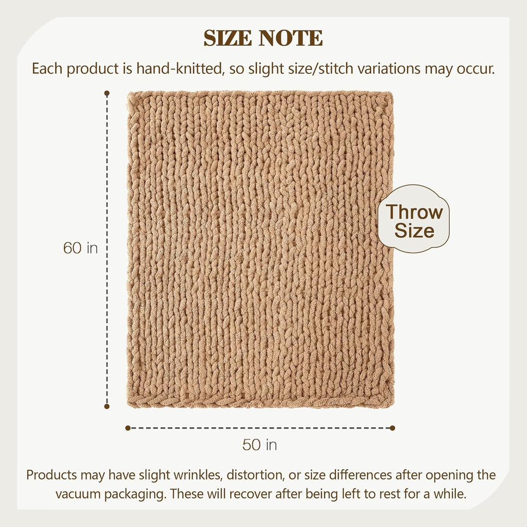 Carriediosa Chunky Knit Throw Blanket 50" X 60", 100% Hand Made Large Chenille Loop Yarn Soft Fluffy Throws for Couch Sofa Bed, Big Crochet Cozy Heavy Thick Cable Woven Blankets, Tan Brown