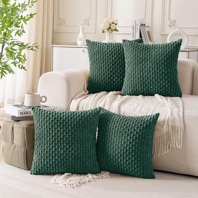 Set of 4 Dark Green Decorative Throw Pillow Covers 22x22 Inch Corduroy Pillow by Cozoomy