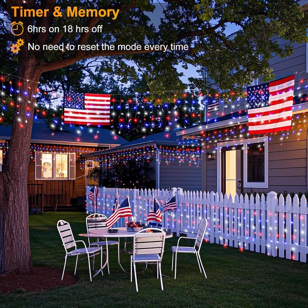Red White and Blue Lights for 4th of July Decor, 66ft Icicle Lights for Outside Independence Day Decoration, 640 LED Christmas Light Outdoor Indoor with 120 Drops Clear Wire Connectable for Holiday