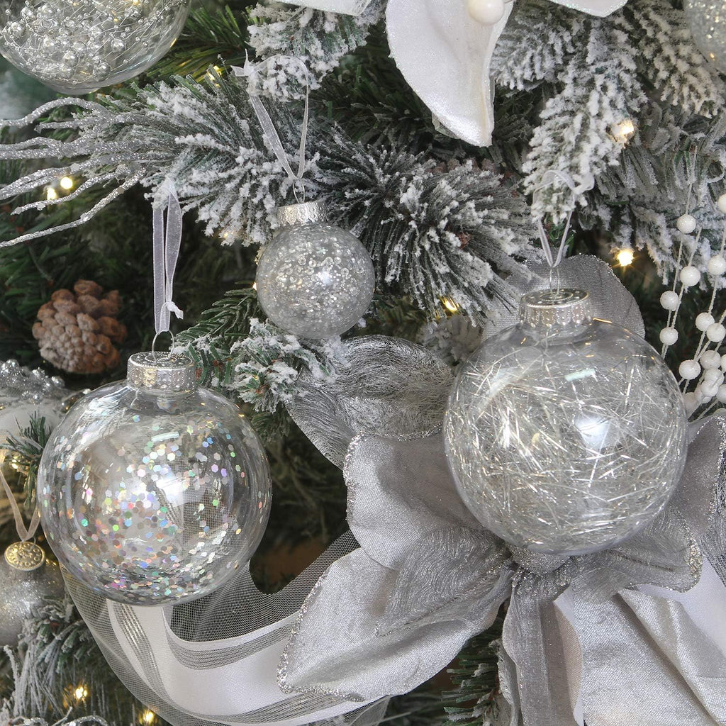 Sea Team 50mm/1.97" Shatterproof Clear Plastic Christmas Tree Ball Ornaments Set, Decorative Hanging Transparent Xmas Baubles with Stuffed Delicate Decorations (30 Counts, Silver)