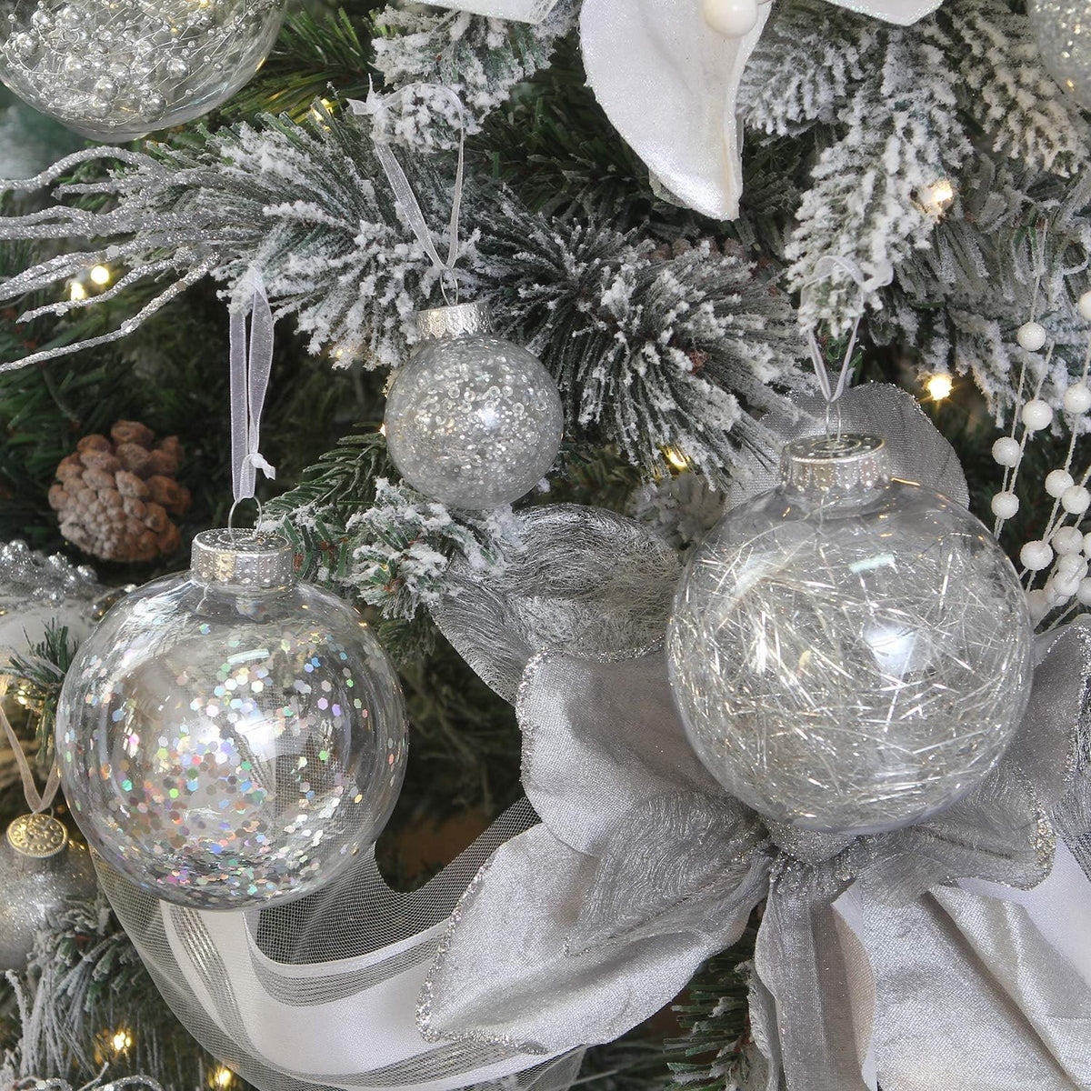 Sea Team 50mm/1.97" Shatterproof Clear Plastic Christmas Tree Ball Ornaments Set, Decorative Hanging Transparent Xmas Baubles with Stuffed Delicate Decorations (30 Counts, Silver)