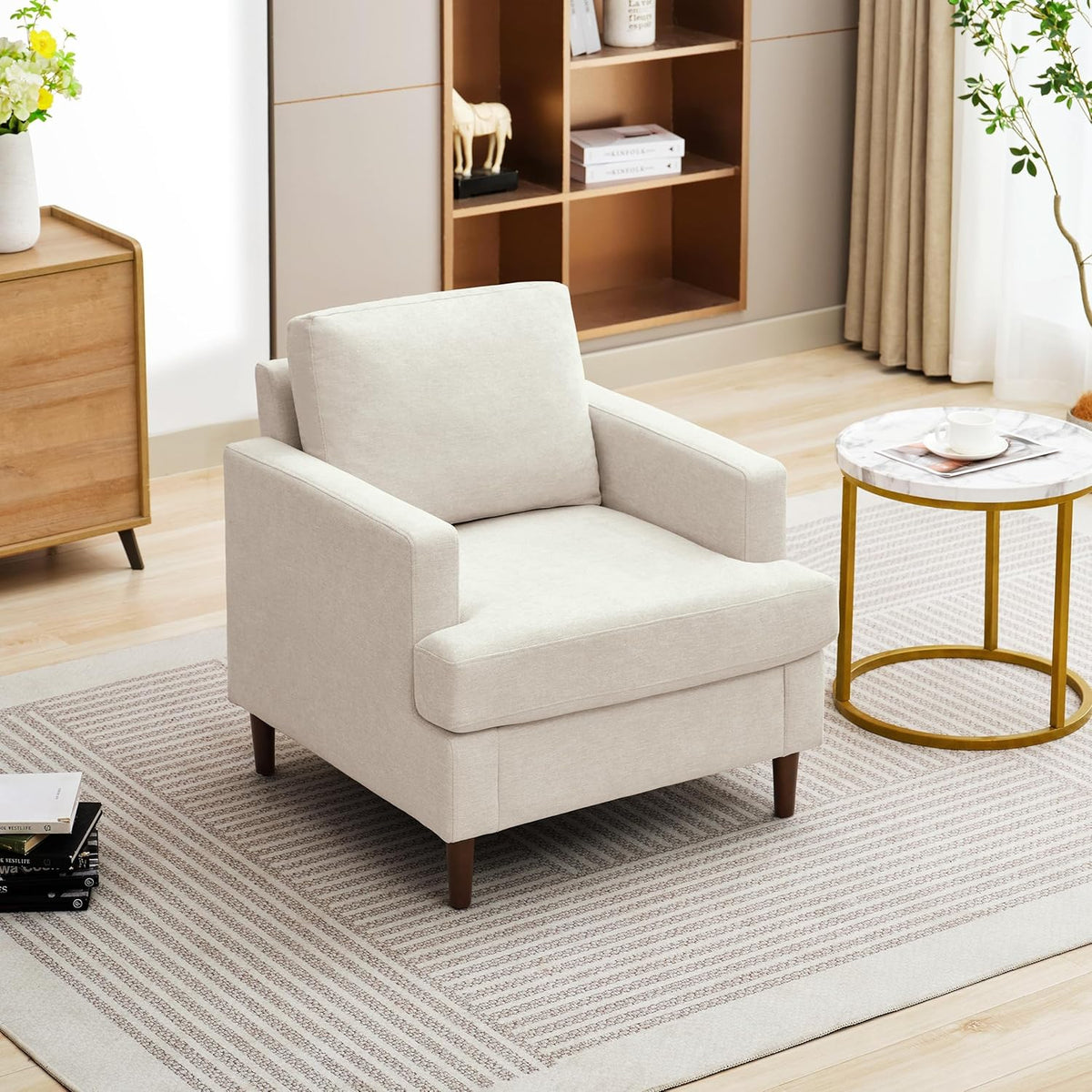 Mid-Century Accent Chair,Modern Linen Fabric Armchair for Living Room,Comfy Upholstered Reading Accent Chairs for Bedroom,Single Sofa Chair with Wood Legs (Beige, 1 Pack)