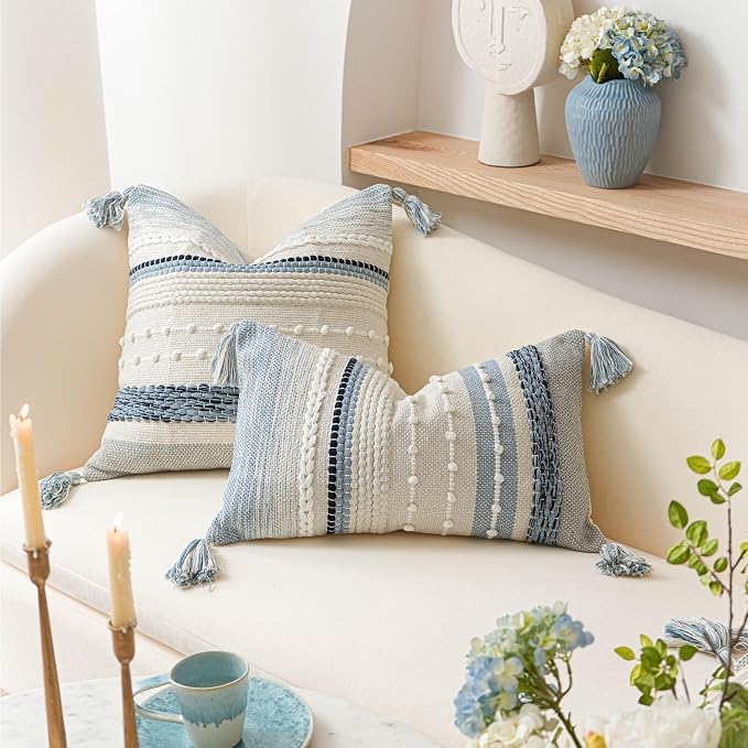Coastal Blue Boho Decorative Throw Pillow Cover 22x22 Modern Bohemian Accent - Image 4