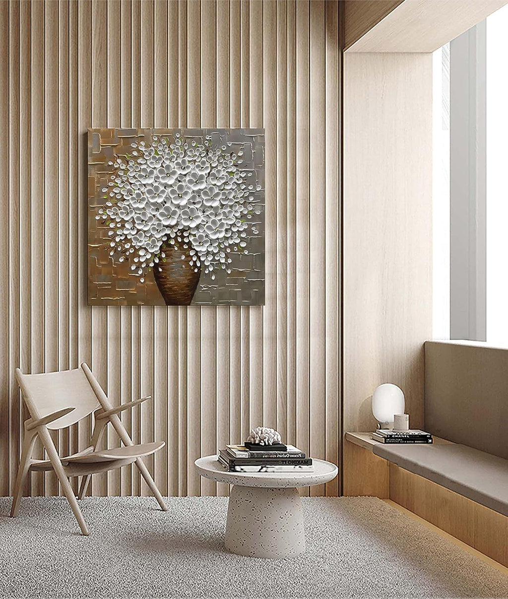 Epicler Hand Painted 3D Oil Painting on Canvas 24x24 inch White Flower Art,Morden Canvas Wall Paintings, Metal Textured Gold and Silver Background White Flower Artwork