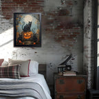 Halloween Black Cat Wall Art, Dark Academia Spooky Pumpkin Poster Wall Decor, Vintage Gothic Witchy Cat Canvas Print, for Bedroom Living Room Aesthetic Decor 12x16 Inch Wood Framed