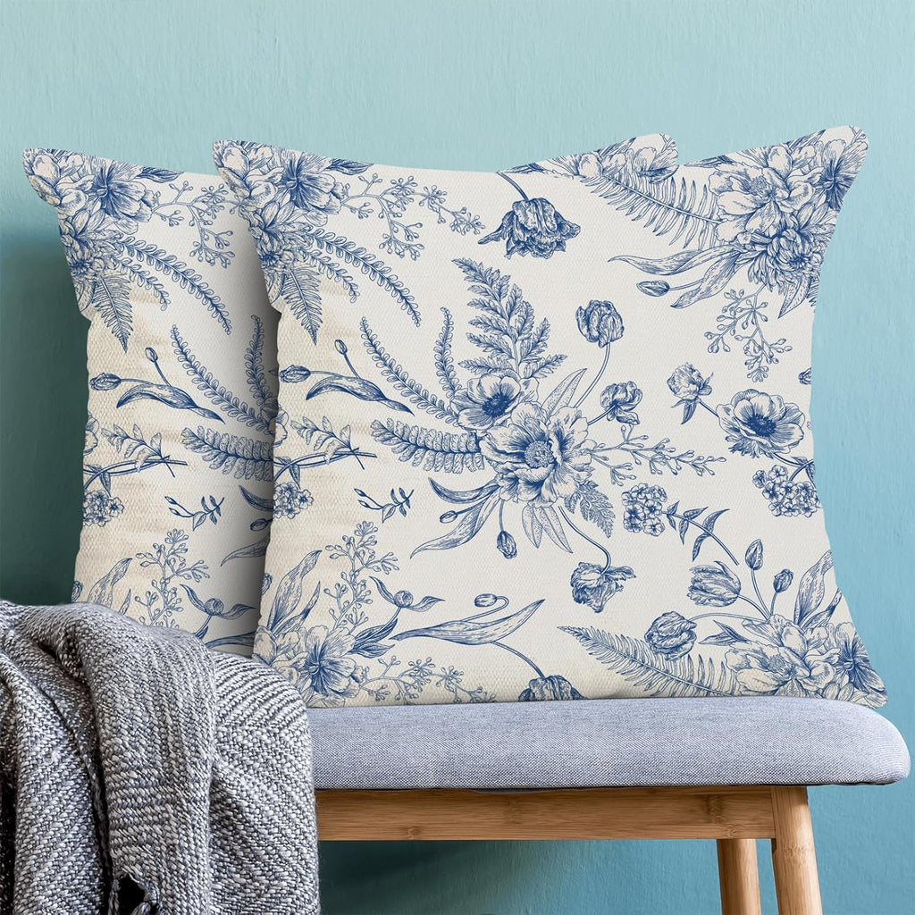 CXMEIFLY Spring Floral Leaves Pillow Covers 24 x 24 Inch Set of 2 for Chinoiserie Flowers Decor Throw Pillows Blue and White Seasonal Plant Outdoor Decorative Cushion Cases for Couch Bed Decorations