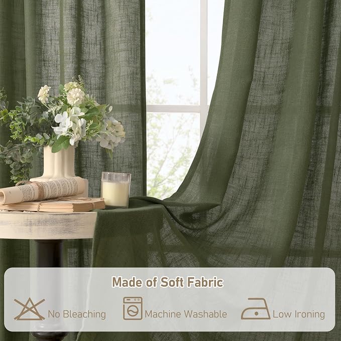 Olive Green Linen Sheer Curtains 96 Inches Long - Image 8
