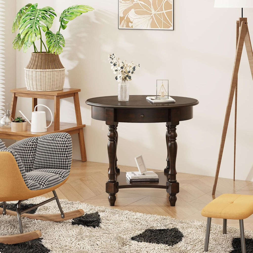 MODERION Oval End Table with Drawer, Solid Wood Sofa Side Table with Storage Shelf, Traditional Living Room Corner Table, Nightstand, Easy Assembly 28” x 22” x 24” Retro Walnut CJZ2233DC