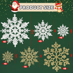 36pcs Snowflakes-Christmas Tree Decorations, Snowflake Ornaments for Tree, Plastic Glitter White Gold Snow Flakes Ornaments, Christmas Indoor Winter Wonderland Frozen Birthday Party Holiday Home Decor