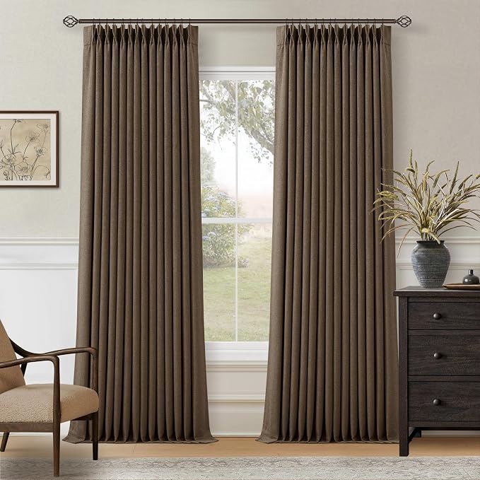 Thick Linen Pleated Brown Blackout Double Layer Curtains 90 Inches Long | Room by Twodrapes