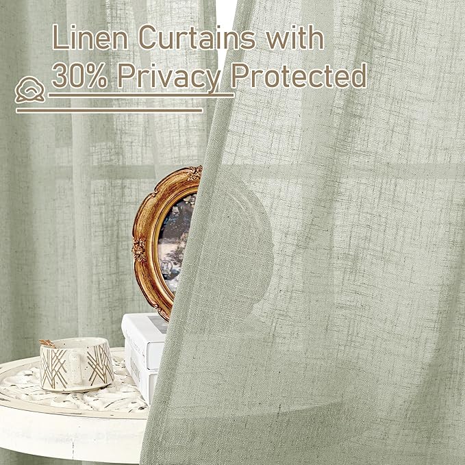 Short Linen Curtains 40 Inch Length, Sage Grey Small Window Semi Sheer Drapes - Image 6