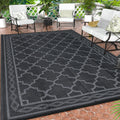 GAOMON Outdoor Plastic Straw Rug, 10'x14' Reversible Sage Green Patio Mat, Flower Modern Design for RV, Backyard, Deck, Camping, Picnic, Black/Grey(Geometric)
