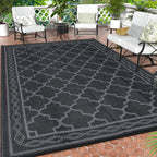 GAOMON Outdoor Plastic Straw Rug, 10'x14' Reversible Sage Green Patio Mat, Flower Modern Design for RV, Backyard, Deck, Camping, Picnic, Black/Grey(Geometric)