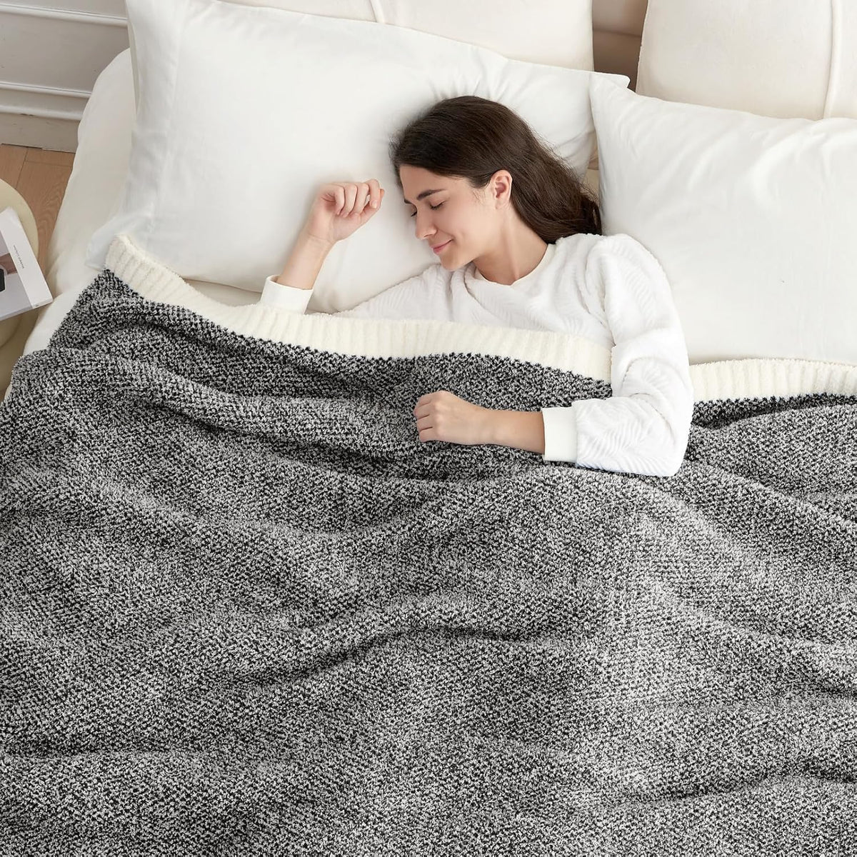 Snuggle Sac Queen Size Bedding Blanket Black, Super Soft Warm Cozy Bed Blankets Oversized Fuzzy Plush Blankets for Bed, Bedroom, Heather Black, 90x90 inches