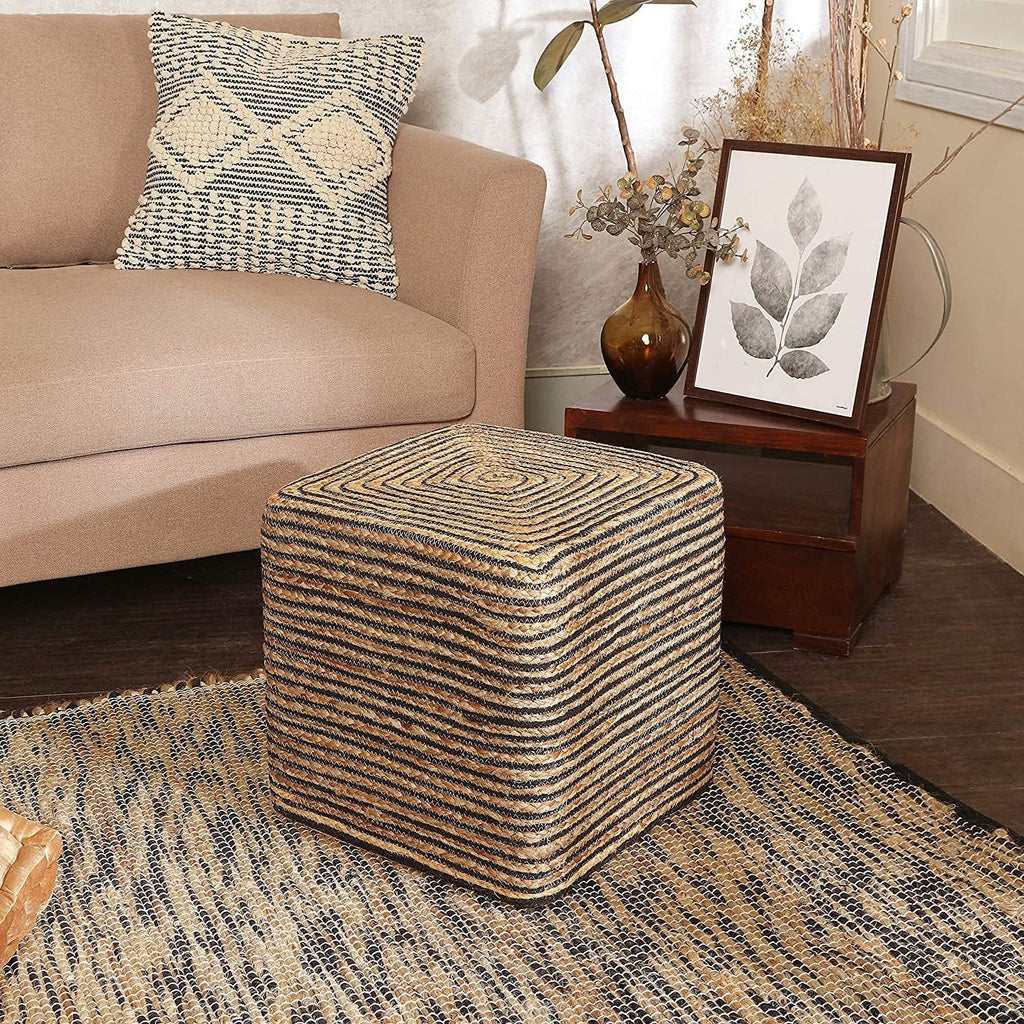 REDEARTH · Cube Pouf Foot Stool Ottoman - Jute Braided Pouffe Poof Accent Sitting Footrest for The Living Room, Bedroom, Nursery, Lounge 50% Jute 50% Cotton Set of 2 (14.5”x14.5”x16”; Natural Black)