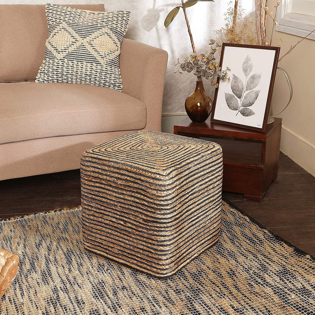 REDEARTH · Cube Pouf Foot Stool Ottoman - Jute Braided Pouffe Poof Accent Sitting Footrest for The Living Room, Bedroom, Nursery, Lounge 50% Jute 50% Cotton Set of 2 (14.5”x14.5”x16”; Natural Black)