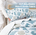 Coastal Bedding King Size Coastal Quilt with 2 Shams, Nautical Beach Comforter Sets Ocean Bedspreads Blue Seahorse Coverlet Summer Bedding, 96''x106''