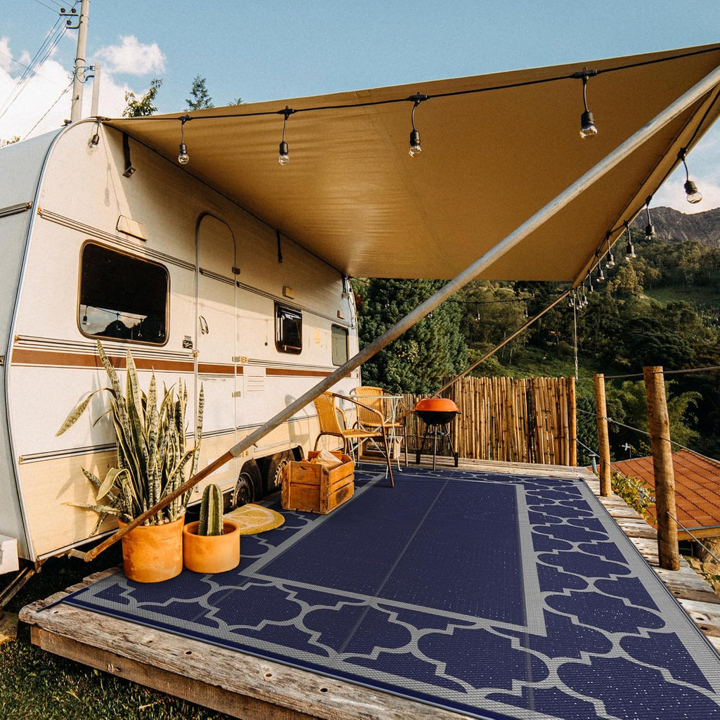 GENIMO 10 'x20 ' Outdoor Rug for Patio Clearance, Waterproof Indoor Outdoor Plastic Straw Rugs Carpet, Reversible Outside Area Rv Mat for Camping, Balcony Porch, Deck, Picnic, Beach (Blue & Grey)
