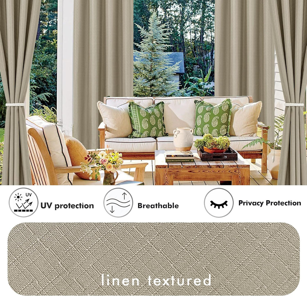 HolidayIdeas Linen Outdoor Curtains for Patio Waterproof-4 Panels Taupe Outside Curtains 54"x95"-Indoor/Outdoor Privacy Gazebo Curtains Weighted Weatherproof for Pergola, Porch, Cabana, Sunroom