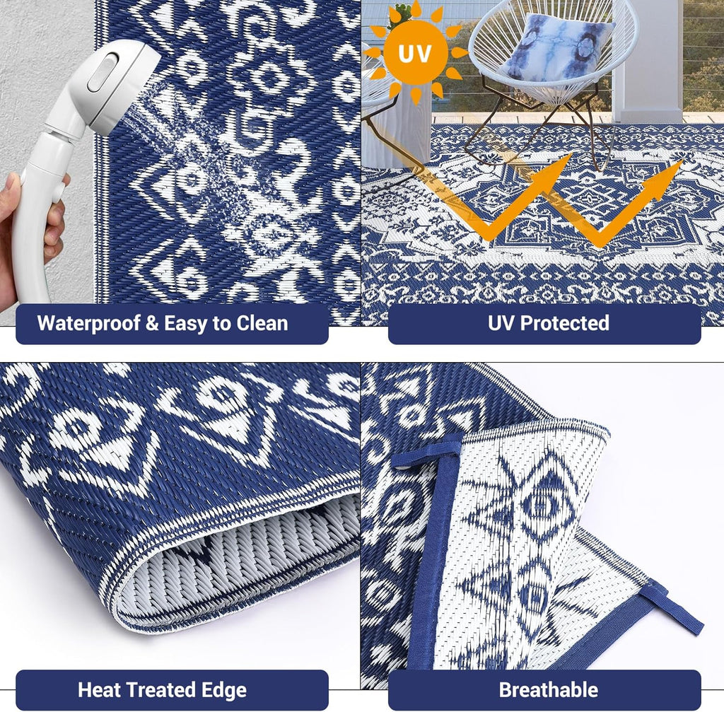 GAOMON Large Outdoor Plastic Straw Rug 10x14 Waterproof Patio Rug Reversible Foldable Portale Camping Mat with Stakes & Bag, Vintage Boho Outside Carpet for RV Garden Deck Porch, Navy