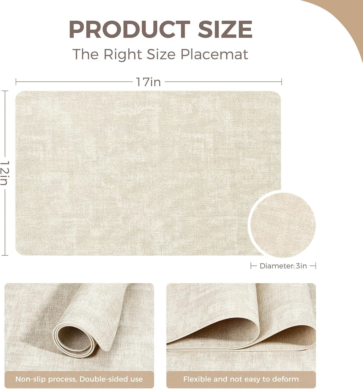 Vinyl Placemats Set of 4, Faux Leather Waterproof and Heat Resistant Place Mats, Washable Anti-Slip Table Mats with Coaster, Wipeable Placemats for Indoor & Outdoor 17" x 12" (Beige, Set of 4)