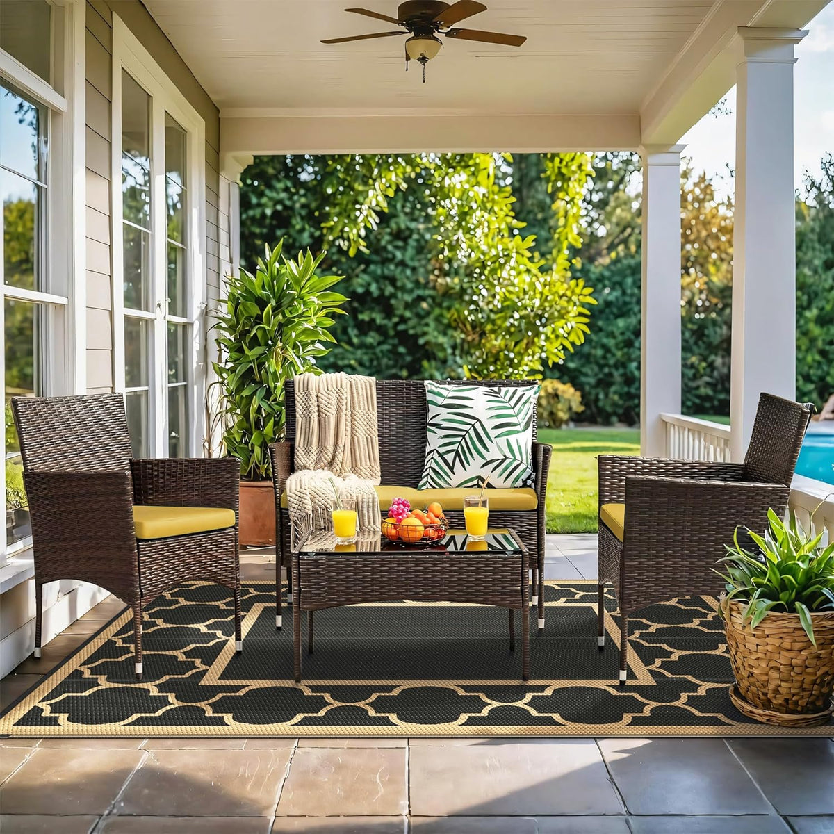 GENIMO 6' x 9' Outdoor Rug Waterproof for Patio Decor, Foldable Reversible Plastic Straw Area Rugs Mat for Camper, Outside Carpet for Rv, Deck, Porch, Picnic, Beach, Balcony, Black & Brown