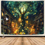 Fantasy Library Tapestry, Fairytale Tree Magic Bookshelf Aesthetic Tapestries for Classroom, Witchy Fairy Tree Mysterious Vintage Bookshelf Book Art Tapestry Wall Hanging College Room Bedroom, 60X40