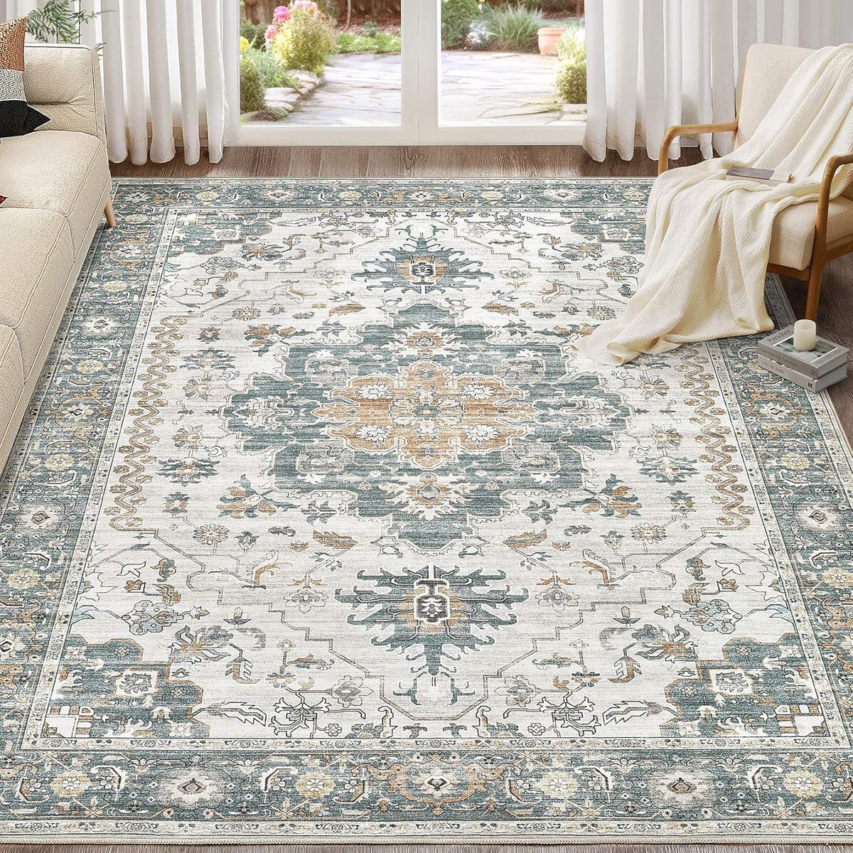 Washable Area Rugs for Living Room -10x14 Neutral Vintage Distressed Floral Farmhouse Boho Large Soft Floor Rug Indoor Non Slip Carpet for Living Room Bedroom Dining Room Office -Green/Grey