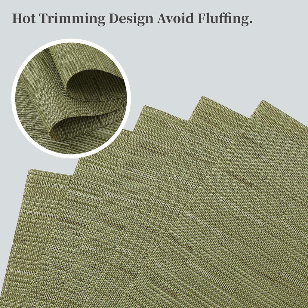 Leetaltree Pea Green Placemats Set of 6 - Heat Resistant Non-Slip Place mats for Dining Table, Washable Durable PVC Vinyl Woven Table Mats（Pea Green, 6）