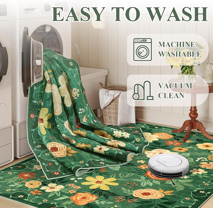 DUKINO 8x10 Area Rugs, Floral Washable Living Room Rug Non Slip, Dark Green | - Image 7