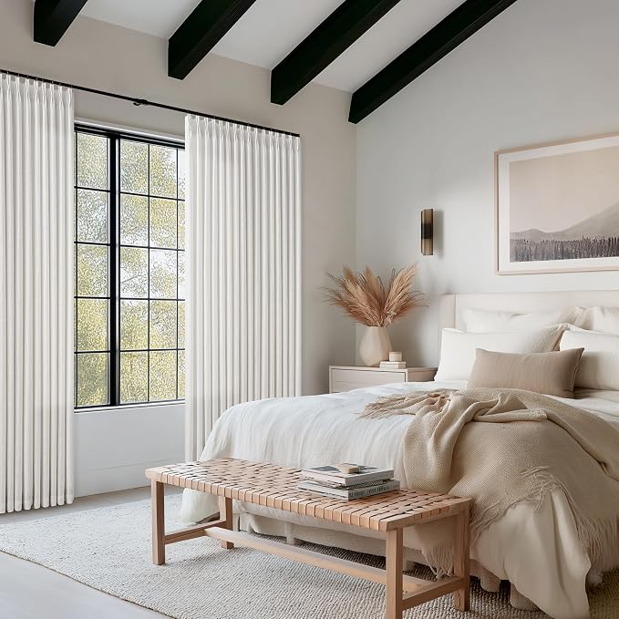 105 Inch Beige White Linen Light Filtering Sheer Pleated Curtains 50x105 | - Image 7