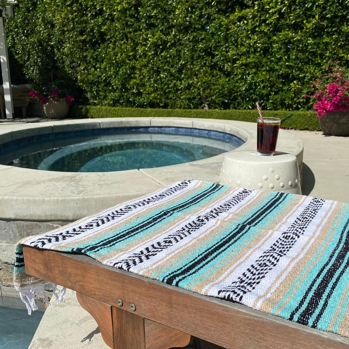 Del Mex Classic Mexican Blanket, Large Authentic Woven Falsa Throw (70"x50"), Artisan Southwest Décor for Beach, Yoga, Outdoors (Mint/Tan)