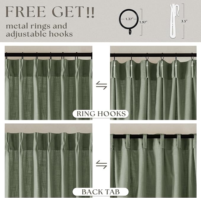 Sage Green Pinch Pleated Linen Semi Sheer Curtains 45 Inch Length 2 Panels | - Image 5