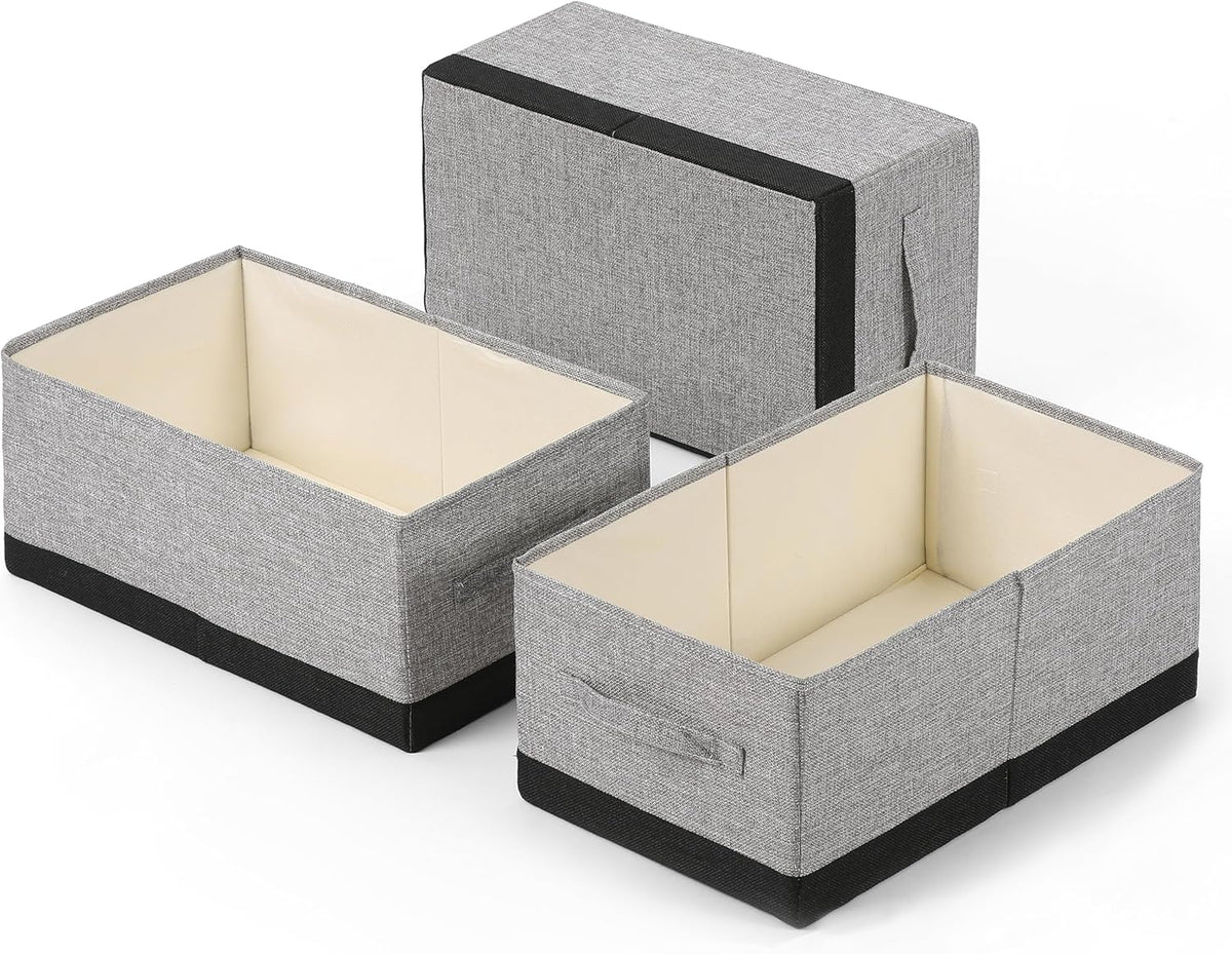 Linen Folding Storage Bins, 3 Pack Large Storage Baskets, Washable, Clothing Storage Bins with Handle, Closet Organizer for Storage Sweater,Sheets (gray black, 18½"x11"x8½")