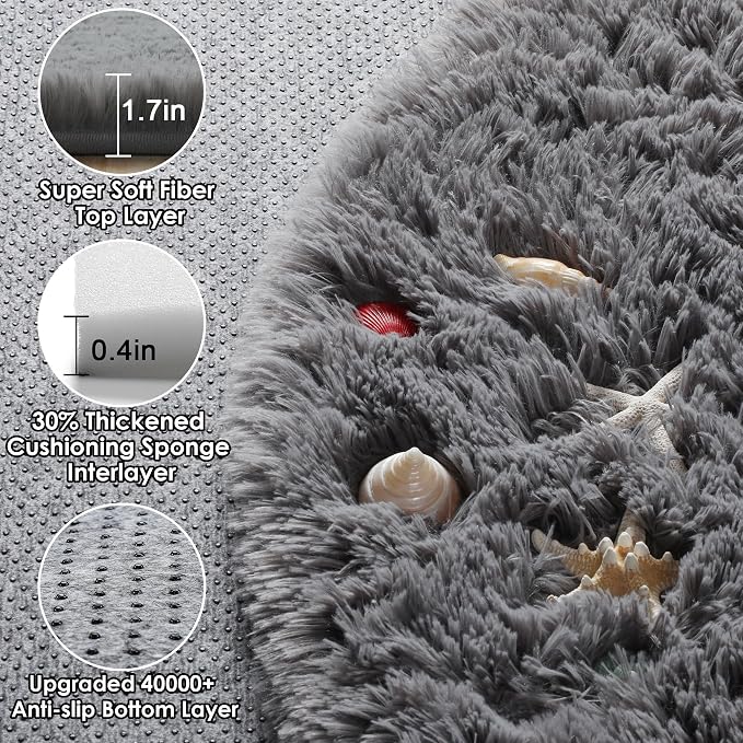 Grey Round Area Rug 4ft, Fluffy Plush Shaggy Carpet Mats - Image 2