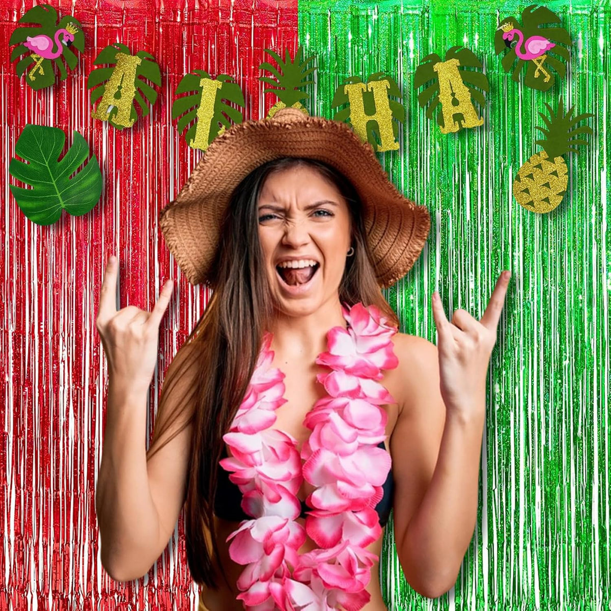 BRAVESHINE Tinsel Foil Fringe Curtains - 2 Pack 3.2 x 8.2 ft Metallic Photo Booth Streamer Backdrops for Birthdays Fiestas Melons Hawaiian Luau Tropical-Theme Christmas Party Decorations - Red Green