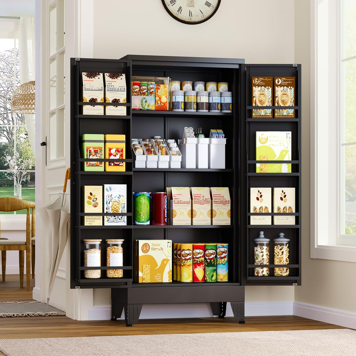 51" Metal Kitchen Pantry Cabinet, Storage Cabinets with 2 Door and 3 Adjustable Shelves, Black Freestanding Food Storage Cabinet, Steel Cupboard for Kitchen Dinning Room