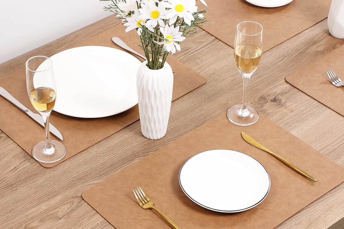 Set of 6 Faux Leather Placemats, PU Table Mats, Waterproof, Stain Resistant, Heat Resistant, Non-Slip Easy to Clean for Kitchen Dining Table,Conference Table F Flaxen
