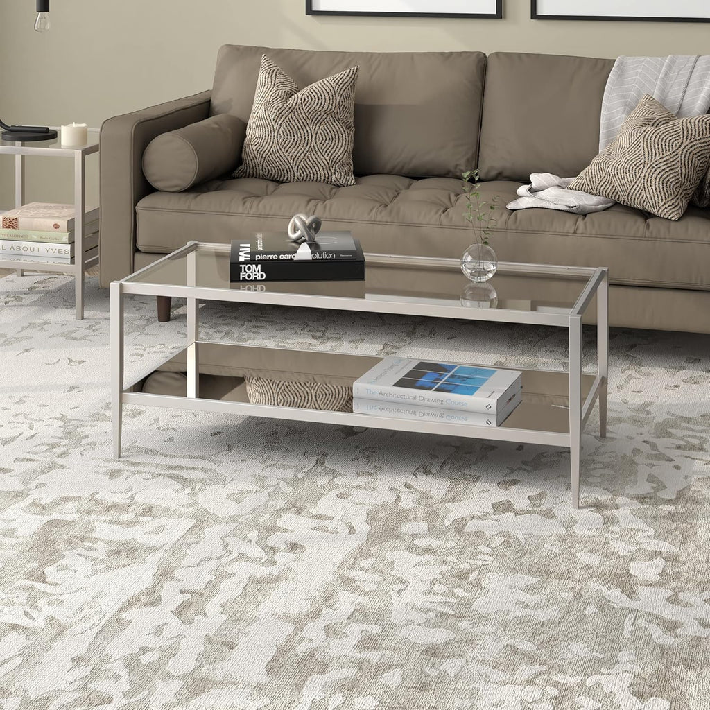Henn&Hart 45" Wide Rectangular Coffee Table with Mirror Shelf in Satin Nickel, Coffee Table coffee tables for living room, studio apartment essentials