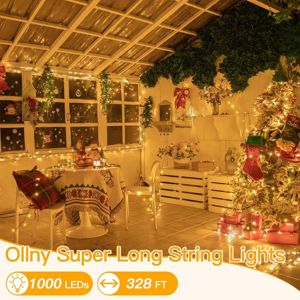 Ollny Christmas Lights, 1000LED 328FT Long Christmas Tree Lights with 8 Modes Remote Timer IP44 Waterproof, Outdoor Christmas Lights for Tree House Yard Outside Xmas Decorations Warm White