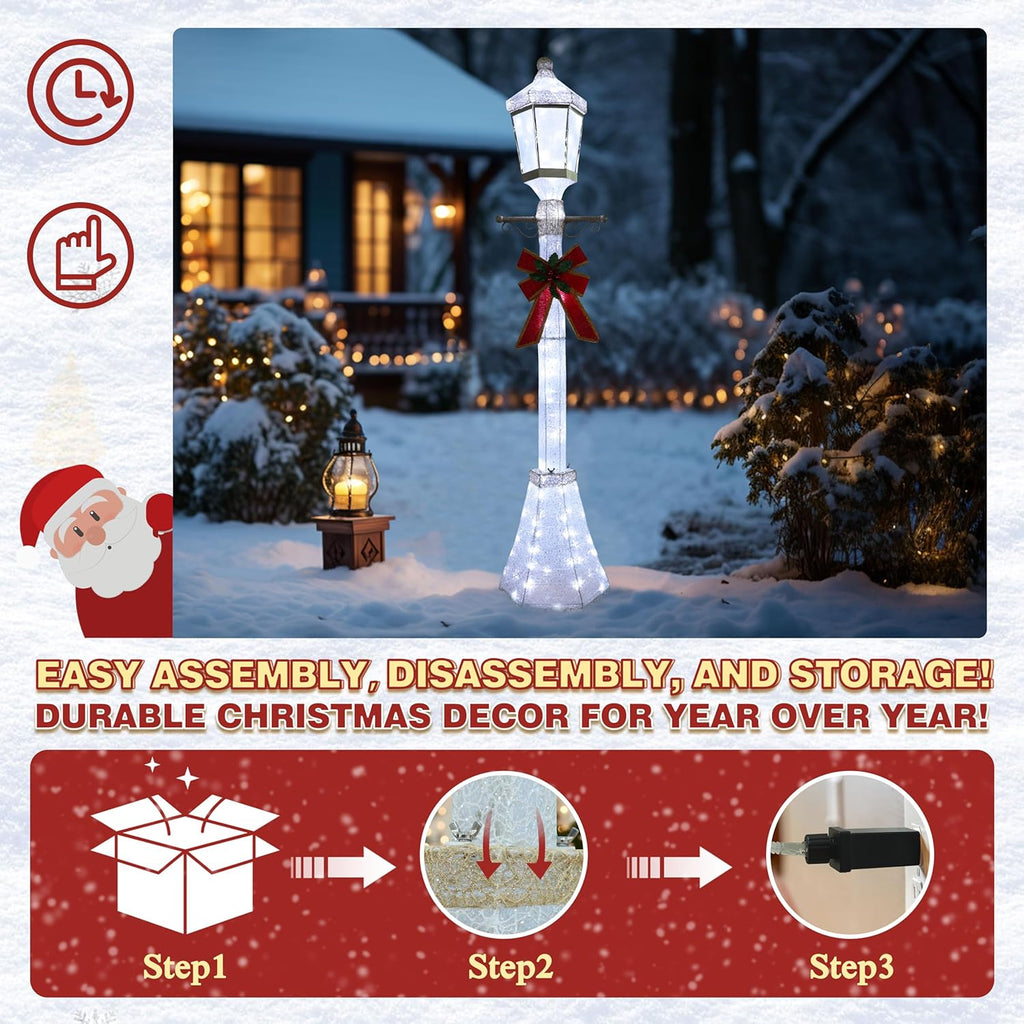 BlueWish 6FT Christmas Decorations Outdoor, Pre-Lit Lighted Xmas Decor with Removable Decorative Bow, Lighted Post Christmas Decoration with Waterproof Lights Cold White for Outdoor and Indoor