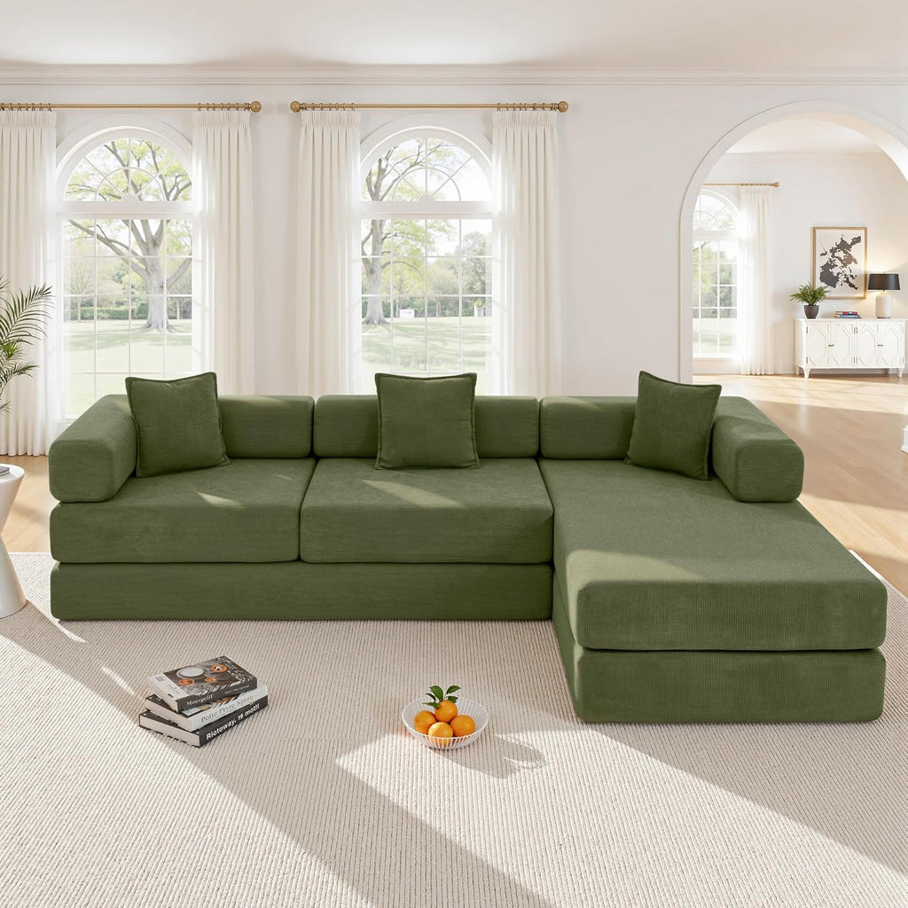 108" Oversized Convertible Sleeper Sofa Bed, Corduroy L Shape Sectional Couch, Folding Sofa Bed with Side Pocket, Modern Cloud Floor Mattress Couch, Modular Sofa for Living Room, Green
