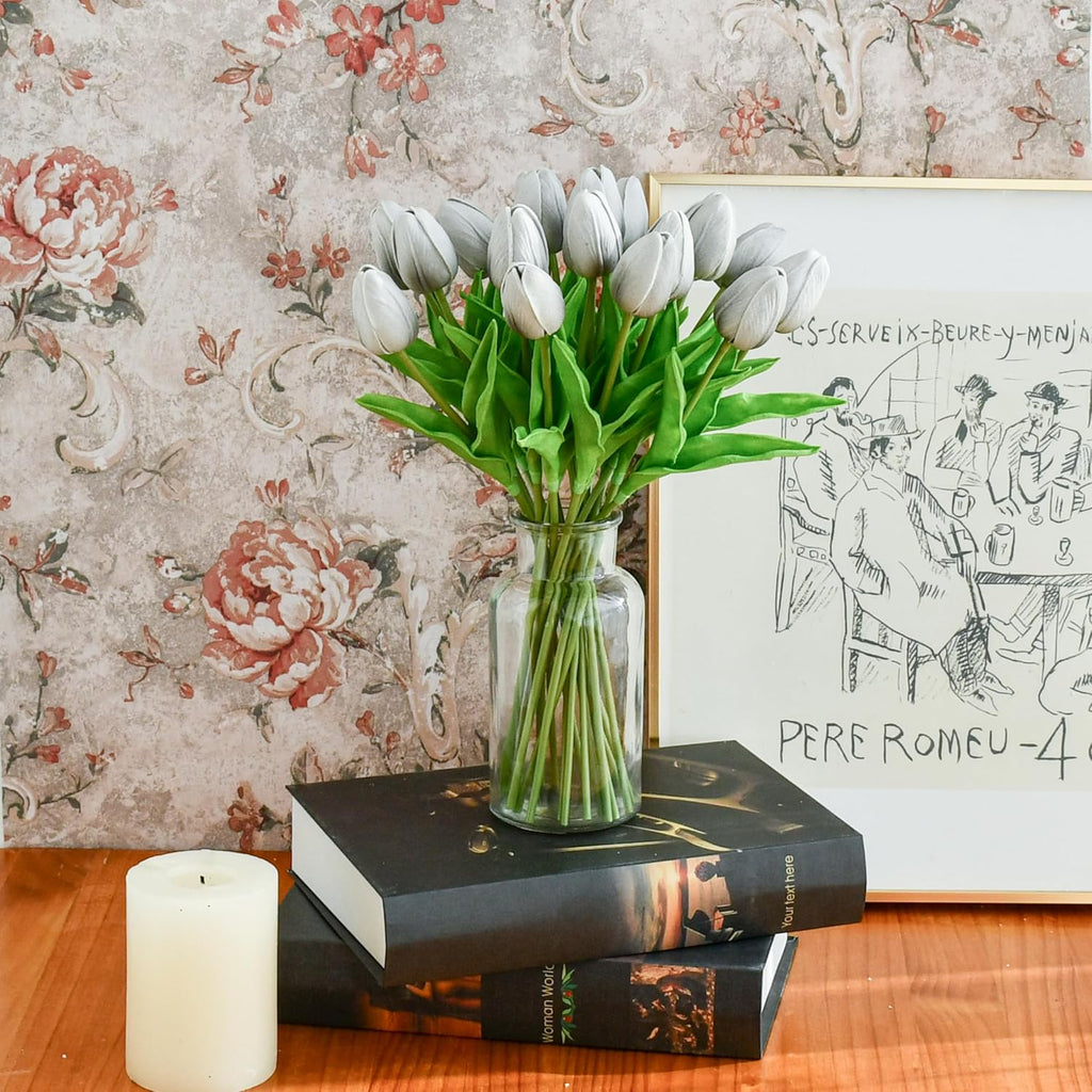 Mandy's Artificial Tulips 20 Stems Silver Grey PU Faux Flowers for Wedding Home Decor 13.5 Inch