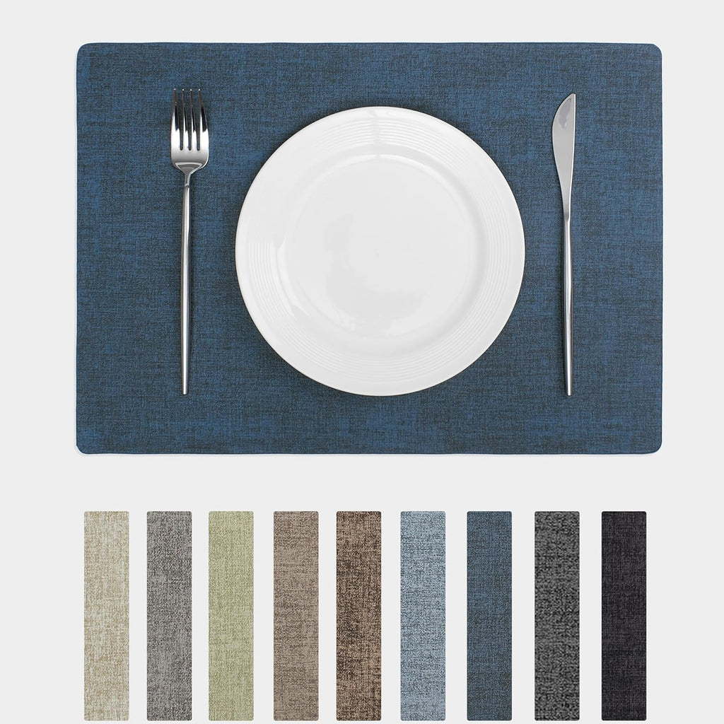 Chrysameld Vinyl Placemats Set of 4 - Faux Leather 100% Waterproof Oil-Proof Wipeable PU Place Mats, Heat Resistant Anti Slip Reversible Table Mats for Indoor & Outdoor Use,(17×12Inch, Navy Blue)