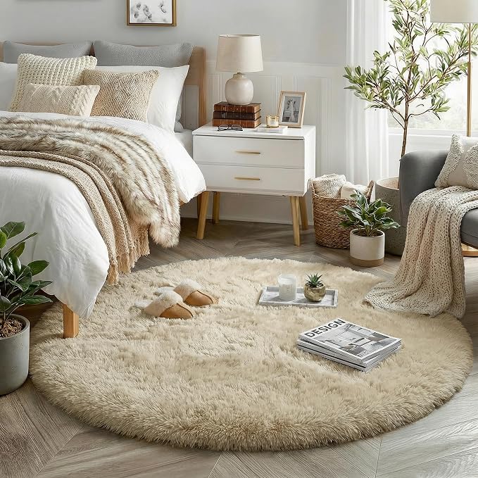 Amdrebio Beige Boho Round Circle Fluffy Area Rug 4Ft by Amdrebio