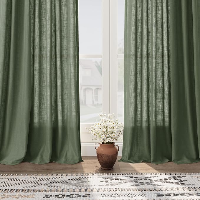 Extra Long Curtain 108 Inches Long 2 Panels Set Back Tab Olive Green Linen - Image 6