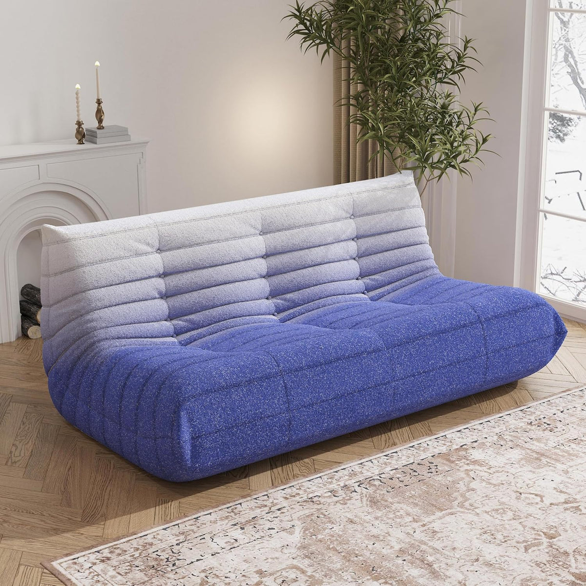 Big Bean Bag Chairs for Adults, 3 Seater Large Bean Bag Sofa, Fireside Chair Lazy Sofa Chair with High Density Comfortable Foam, Modern Bean Bag for Living Room, Bedroom, Office (Blue&White)