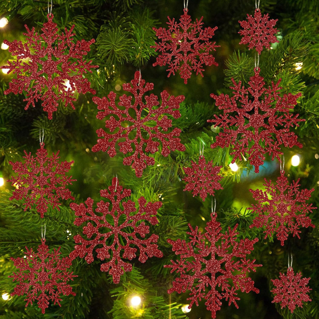 36pcs Red Christmas Snowflake Ornaments, Plastic Glitter Hanging Snow Flakes for Christmas Tree Decorations Winter Wonderland Frozen Birthday Party Holiday Home Decor Craft Snowflakes