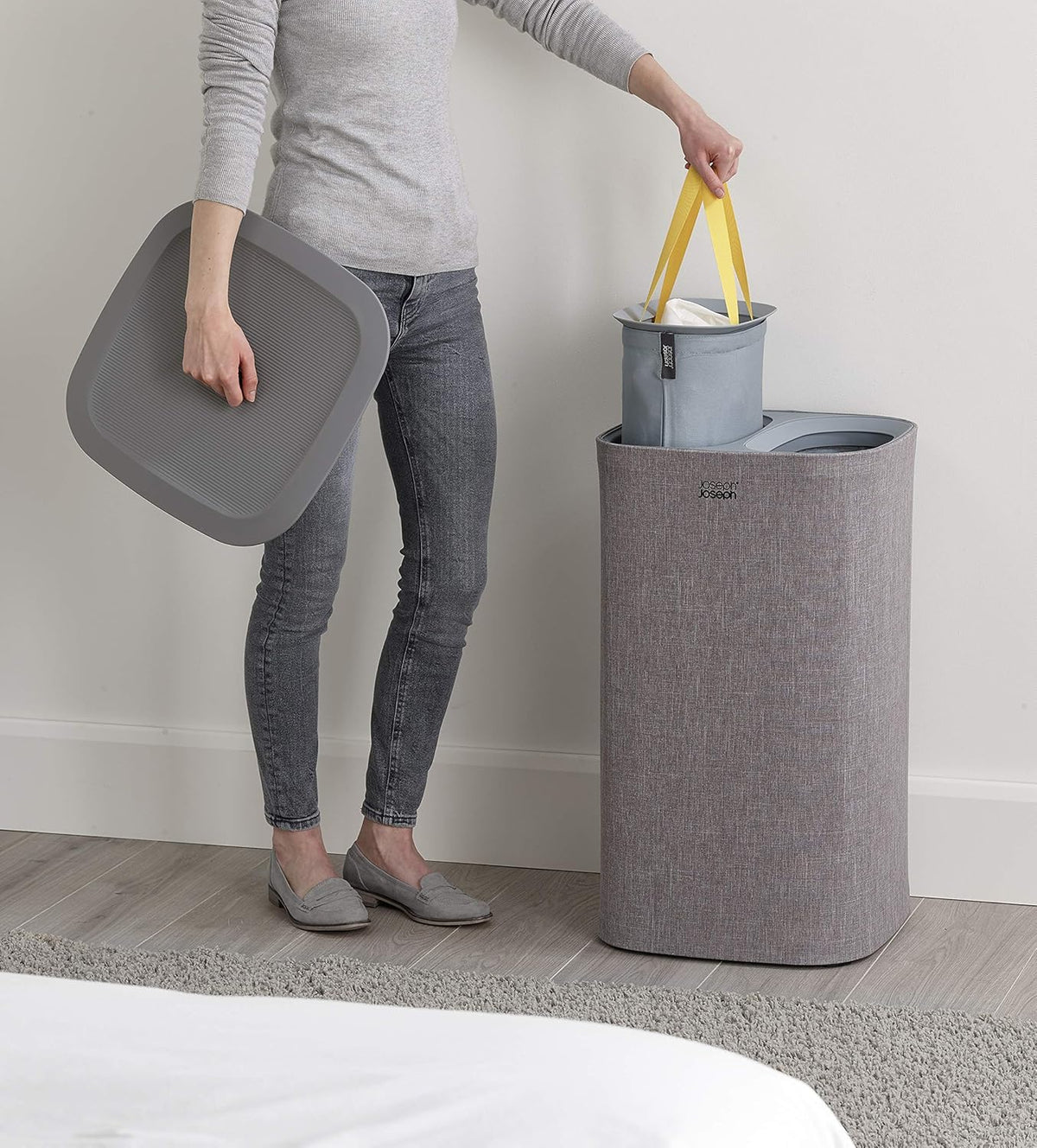 Joseph Joseph Tota 60 liter/15.8 gallon Laundry Hamper Separation Basket with lid, 2 Removable Washing Bags with Handles- Grey